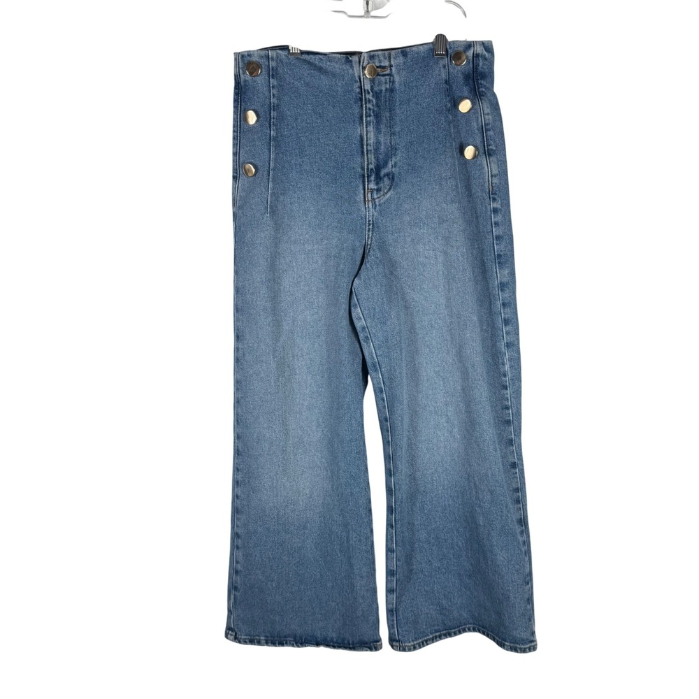 Zara High Waisted Sailor Wide Leg Denim Jeans Womens 8 Gold Buttons Medium Wash